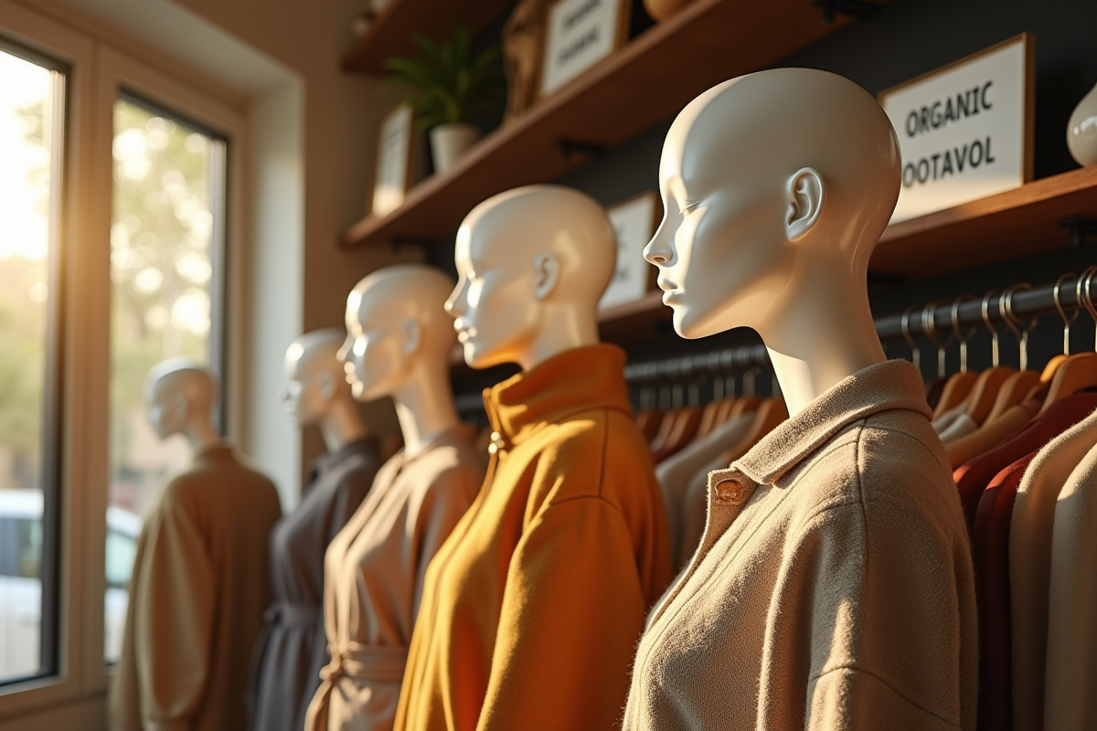 Mannequins portant des vêtements durables dans une boutique moderne