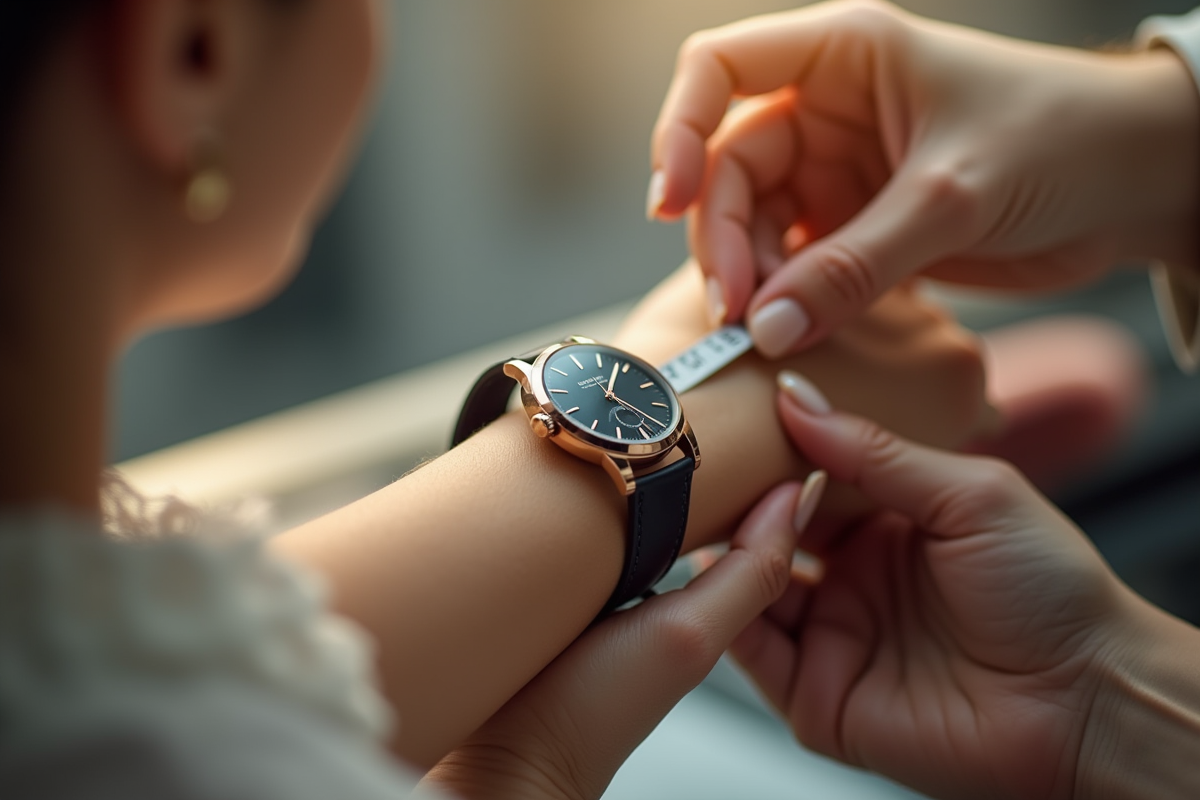 Main de femme mesurant un bracelet de montre avec un ruban
