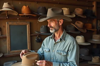 Homme mesurant la taille de sa tête avec un ruban dans une boutique de chapeaux western cowboys