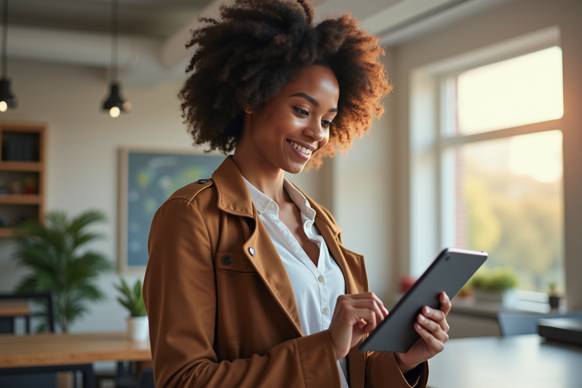 Mannequin confiante vérifiant ses gains sur une tablette dans un studio lumineux