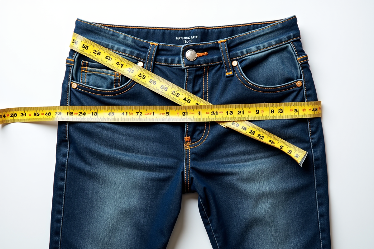 Mètre ruban sur un jean taille 5052 en gros plan