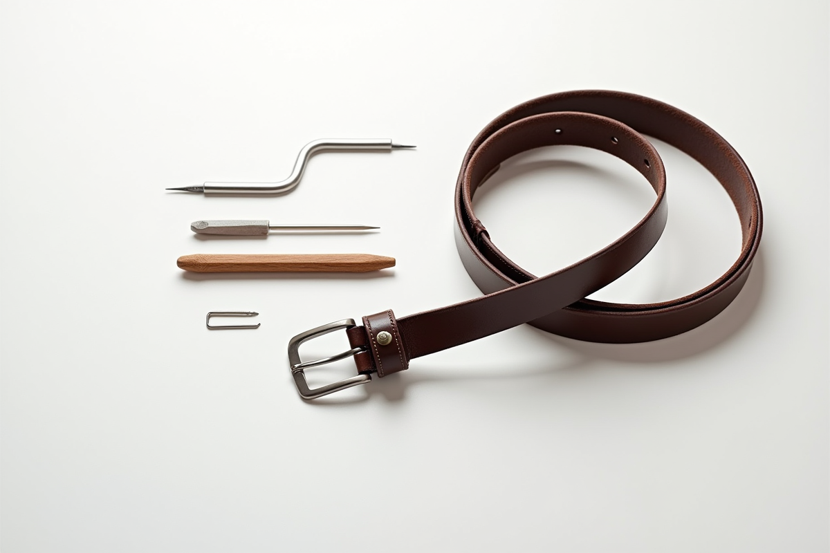 Ceinture en cuir avec outils de couture sur surface blanche