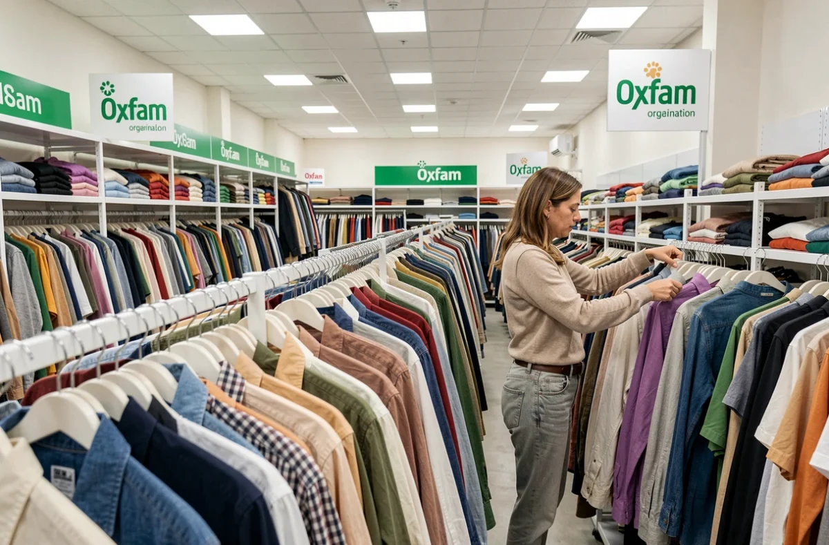 Intérieur d'un magasin Oxfam la Friperie avec des vêtements de seconde main triés par couleur