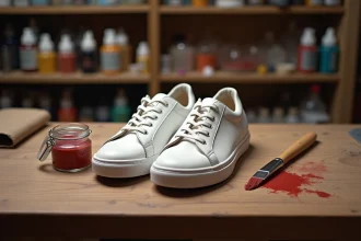 Peinture sur chaussures en cuir blanc posées sur une table d'atelier avec pinceau et pot de peinture rouge