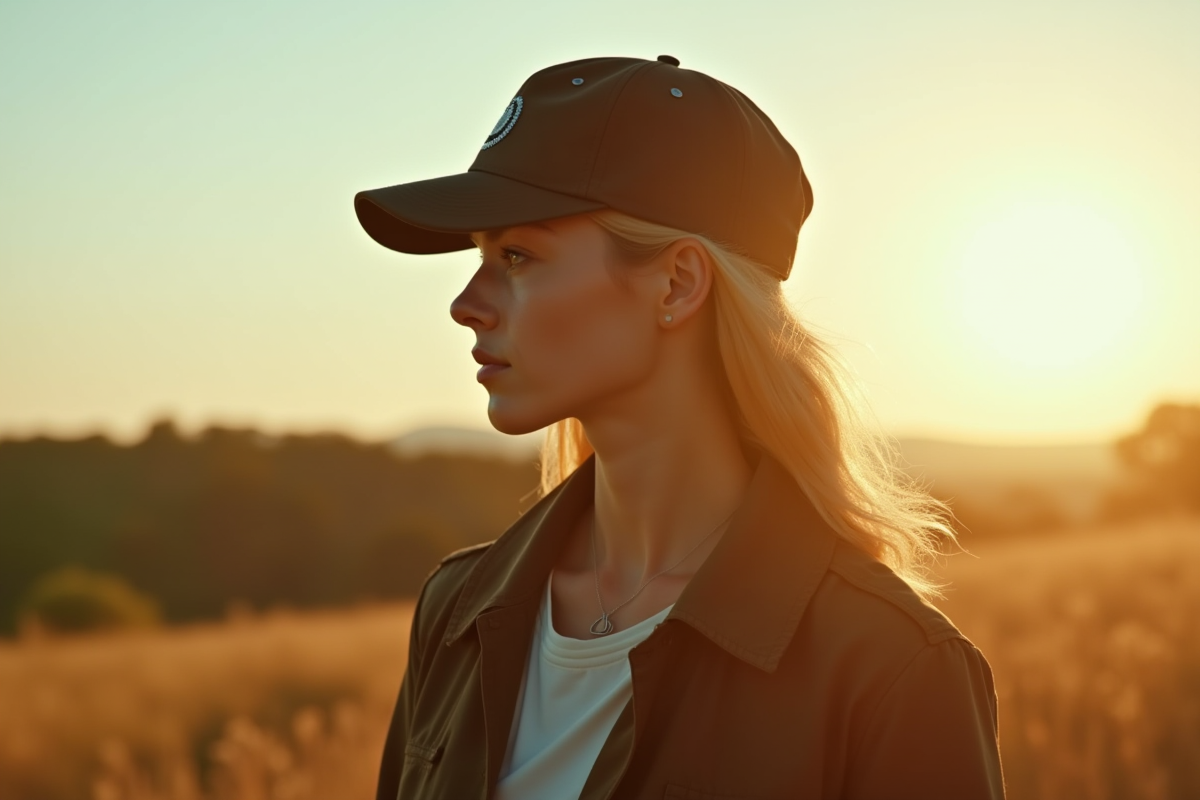 Personne portant une casquette Beretta dans un paysage rural ensoleille