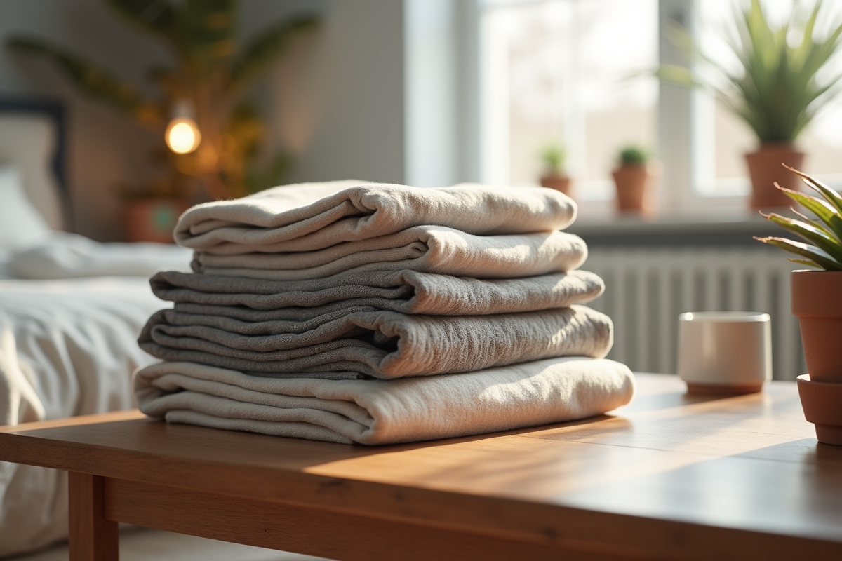 Pile de vêtements ASOS sur une table en bois dans une chambre lumineuse