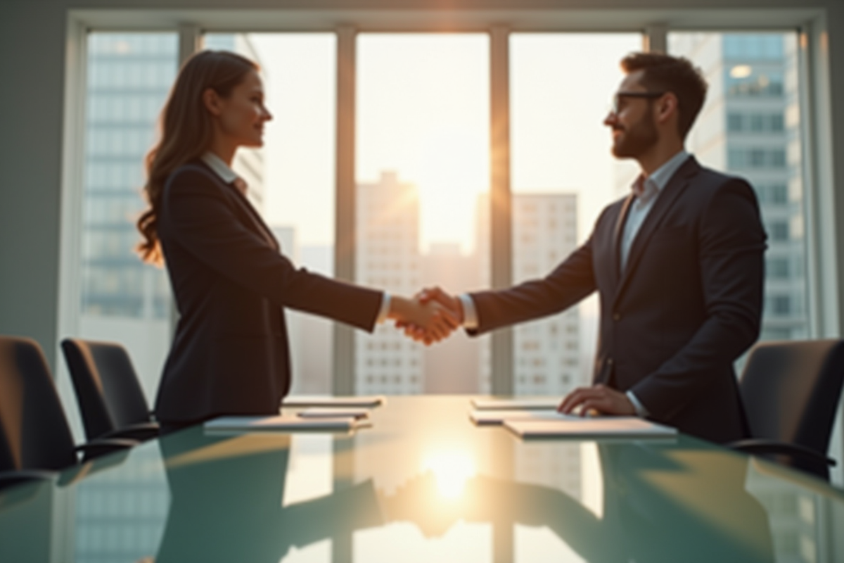 Deux professionnels se serrant la main dans un bureau moderne