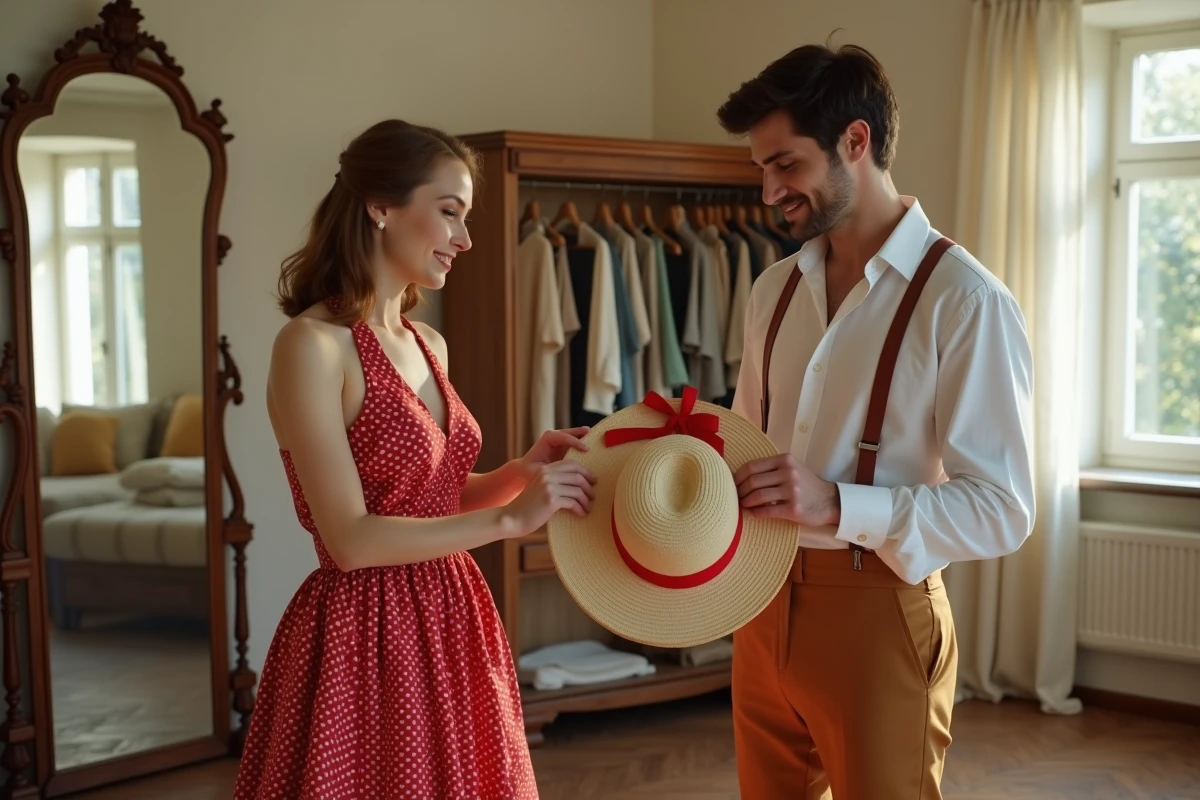 Couple préparant leurs déguisements guinguette assortis dans un appartement vintage, robe à pois et bretelles rétro