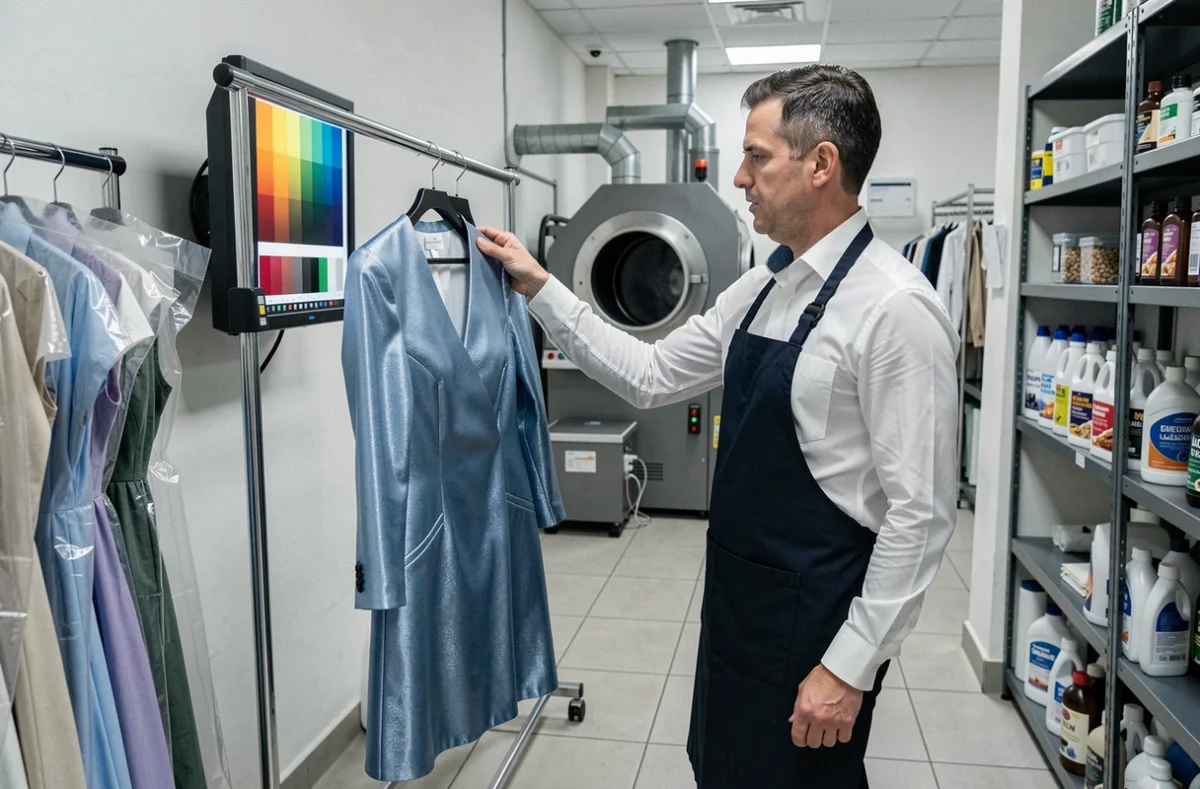 Professionnel de pressing inspectant un vêtement en polyester dans une blanchisserie professionnelle équipée