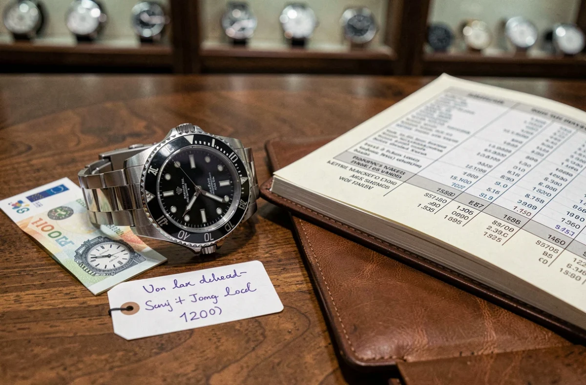 Gros plan sur une Rolex Submariner posée avec une étiquette de prix et un catalogue horloger sur un bureau en chêne