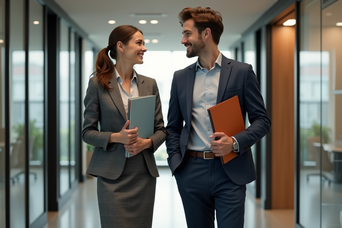 Femme et homme d'affaires dans un couloir moderne