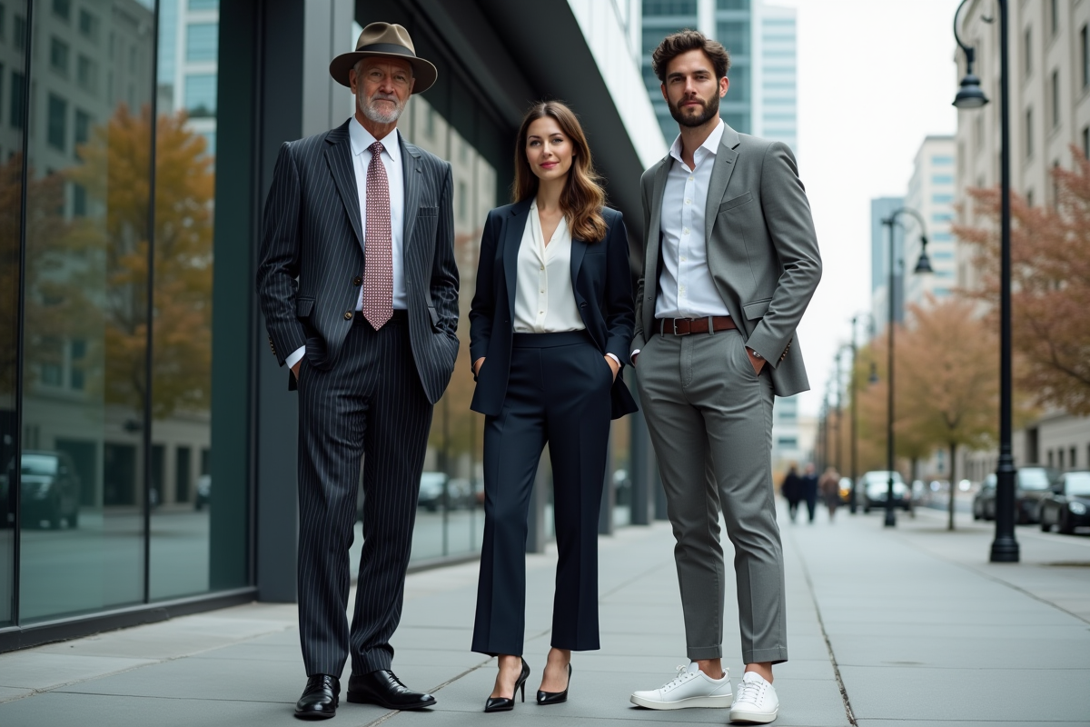 Trois professionnels devant un immeuble urbain