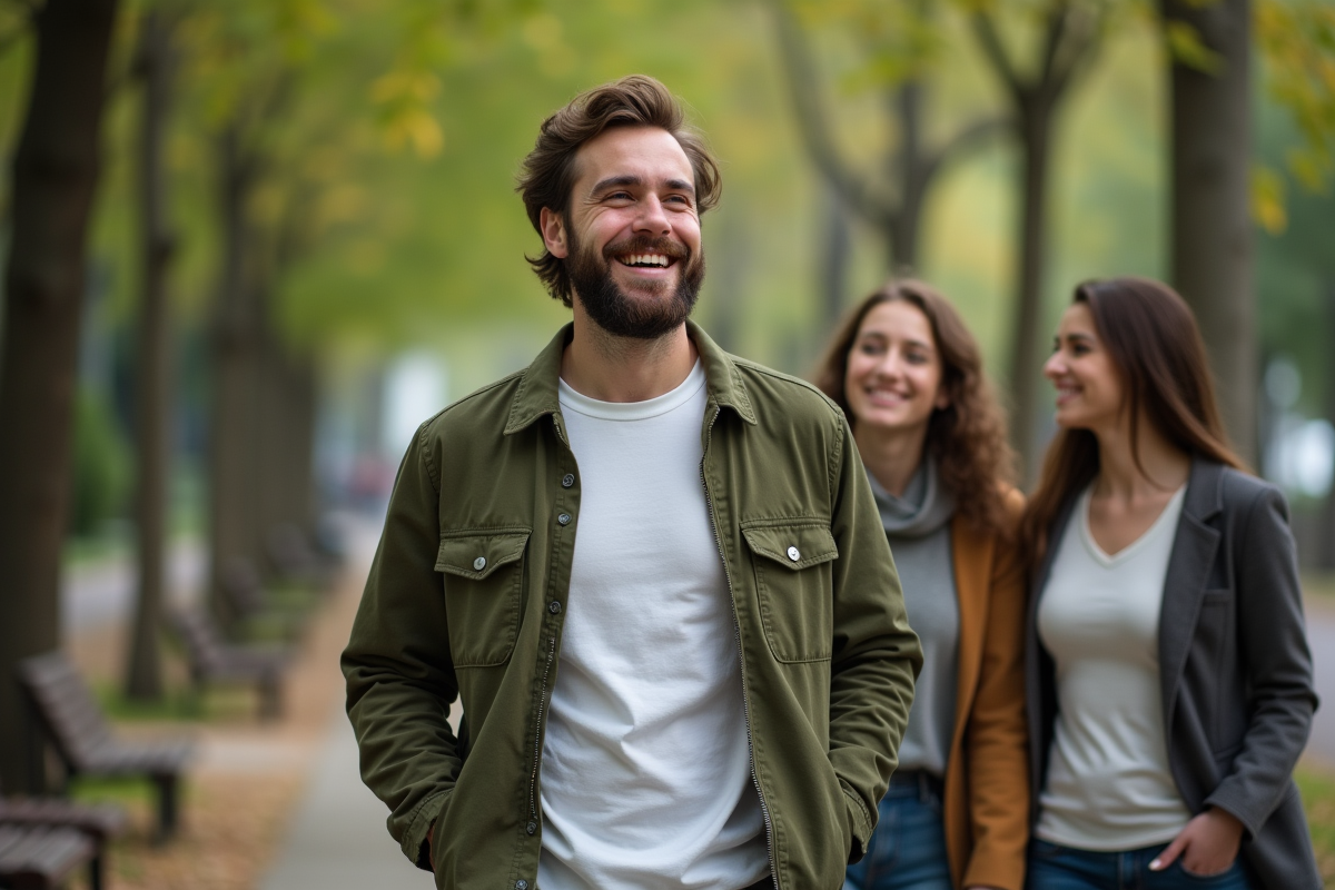 Homme barbu en promenade dans un parc urbain