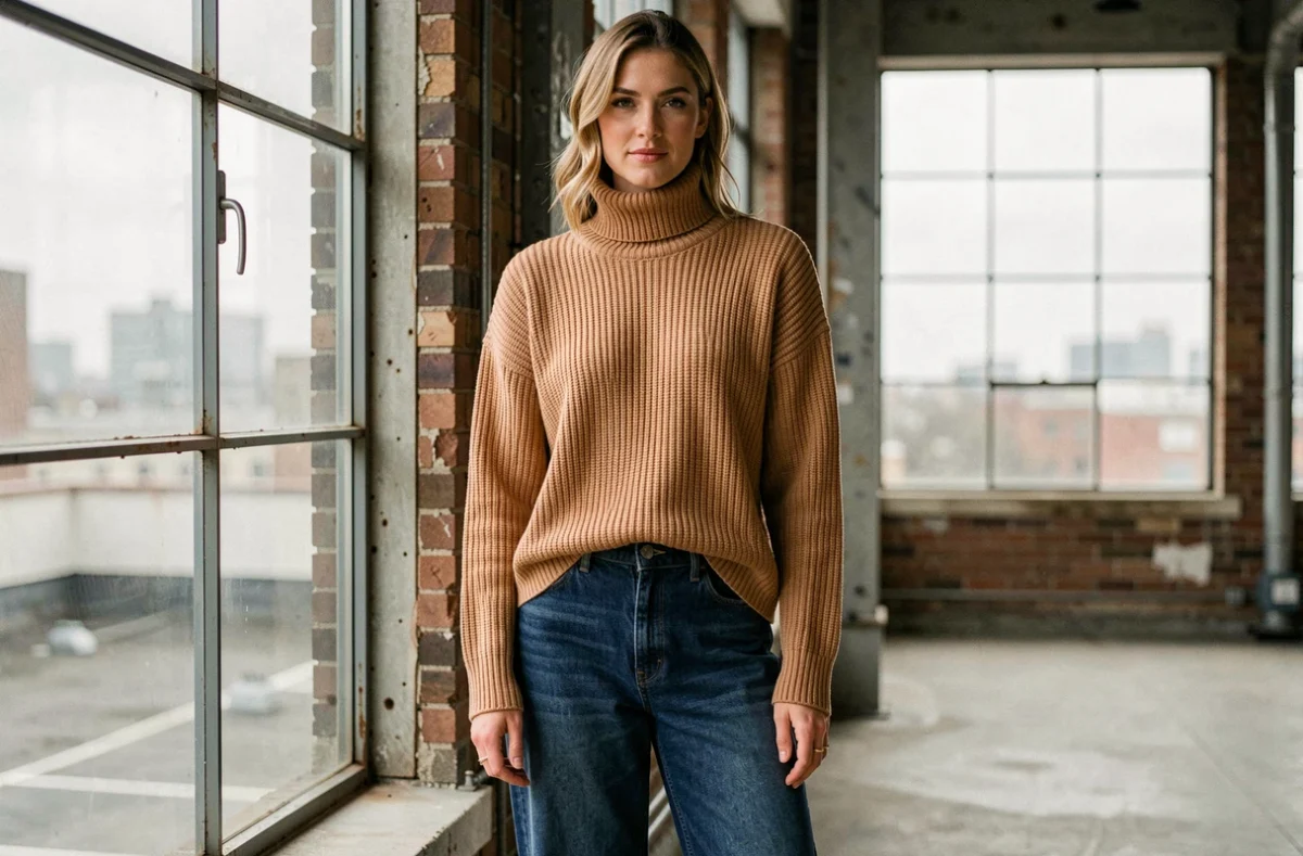 Femme petite en pull oversize col roulé camel et jean taille haute jambes larges, astuce de style pour allonger la silhouette près d'une fenêtre industrielle