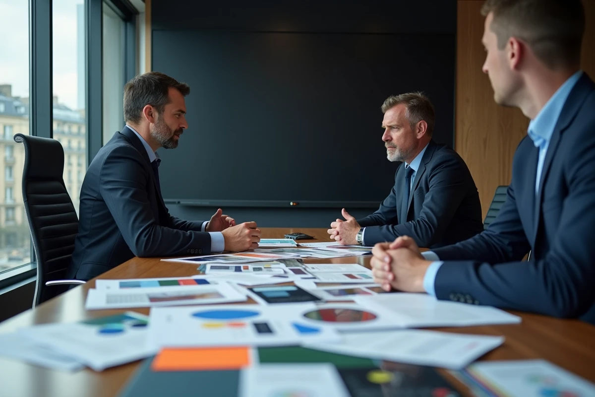 Réunion de stratégie branding LVMH avec documents de campagne dans une salle de conférence parisienne