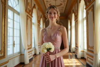Demoiselle d'honneur en robe des années 30 en soie rose poudré à coupe biais dans un bal parisien orné