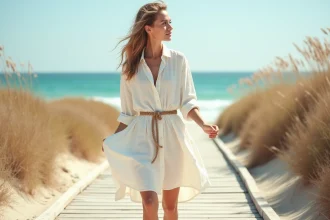 Femme portant une robe chemise oversize en lin blanc sur un ponton en bois au bord de la mer, look décontracté et naturel