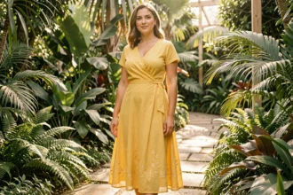 Femme morphologie poire portant une robe d'été jaune mi-longue dans un jardin botanique