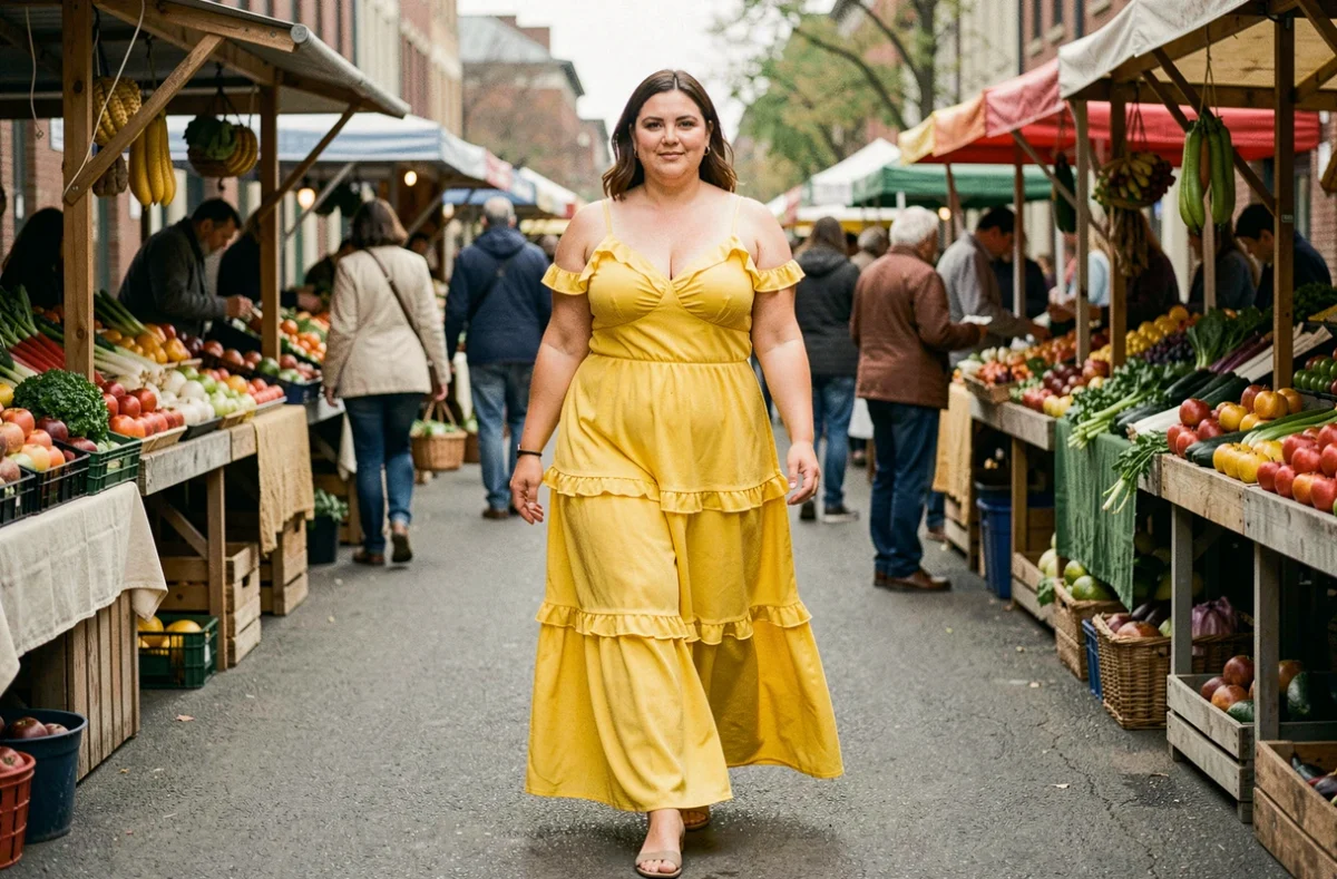 Femme morphologie rectangle en robe jaune longue à volants dans un marché en plein air