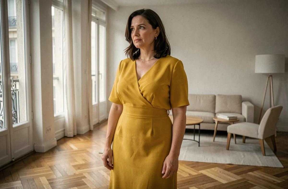 Femme morphologie ronde portant une robe jaune empire dans un appartement parisien moderne