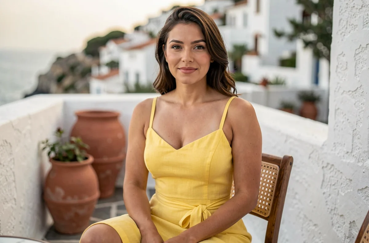 Femme morphologie sablier en robe jaune bustier ceinturée sur une terrasse méditerranéenne