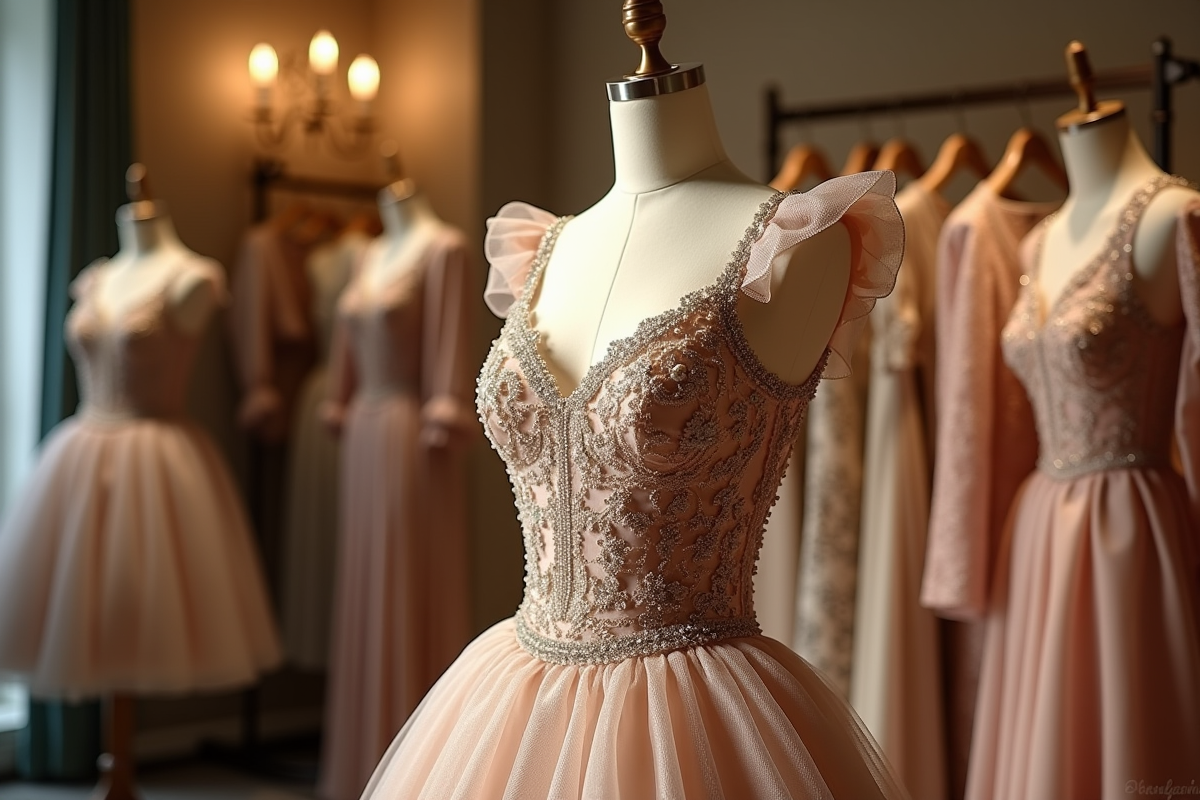 Robe haute couture Chanel sur mannequin dans boutique élégante