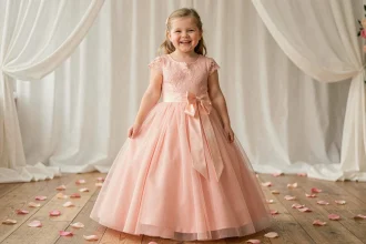 Fillette ronde portant une robe de princesse rose pastel en tulle et dentelle dans un studio décoré de pétales de roses