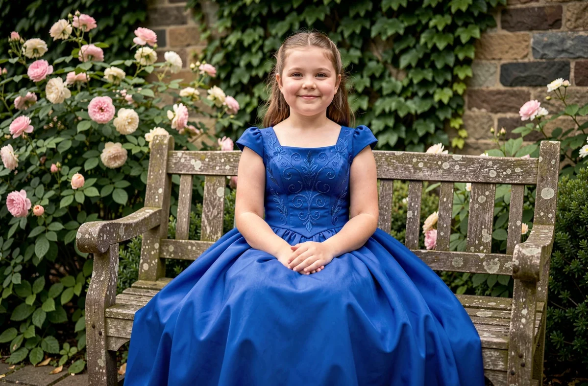 Jeune fille ronde en robe de princesse bleue brodée assise sur un banc en pierre dans un jardin fleuri