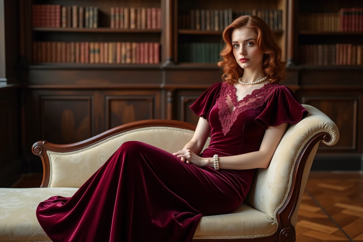 Demoiselle d'honneur en robe velours bordeaux années 30 assise sur une chaise longue dans une bibliothèque ancienne