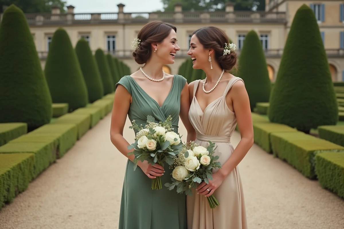 Deux demoiselles d'honneur en robes style années 30 vert sauge et champagne dans un jardin de château français