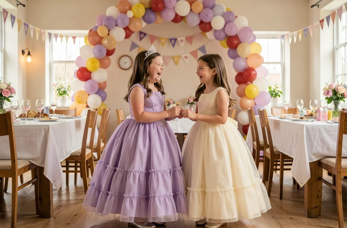 Deux fillettes en robes de princesse lilas et ivoire tenant la main lors d'une fête d'anniversaire décorée de ballons