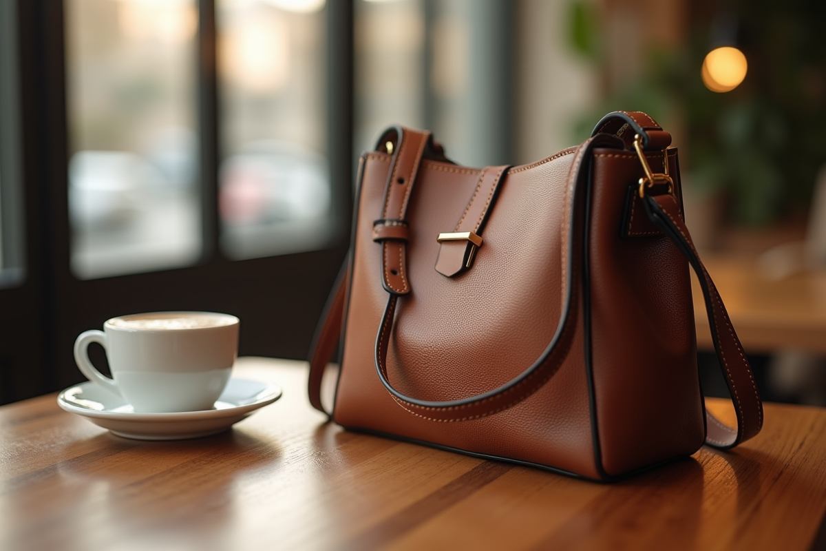 Zoom sur un sac à bandoulière design posé sur une table en bois