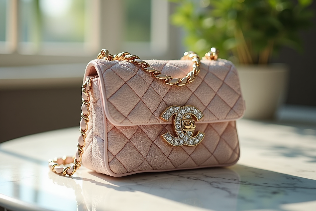 Sac Chanel incrusté de diamants sur surface en marbre
