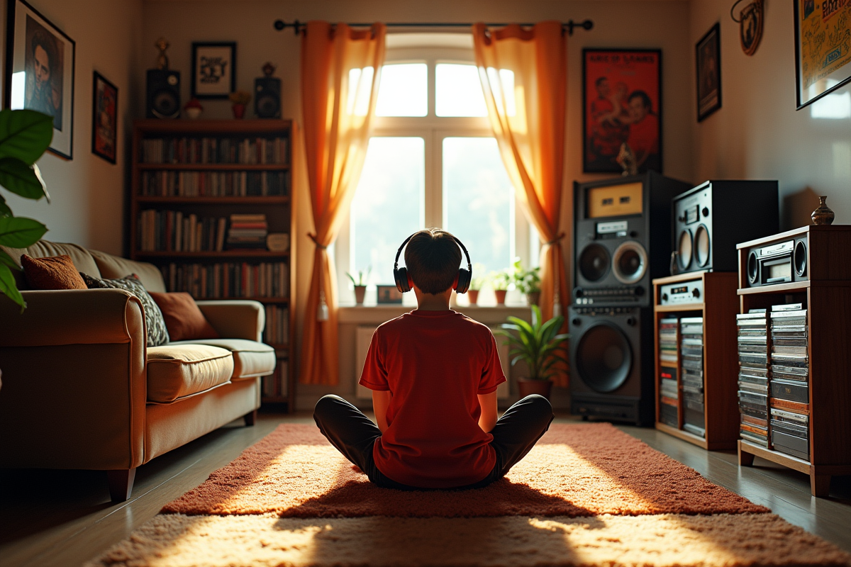 Salon vintage avec cassette et posters de groupes 90s