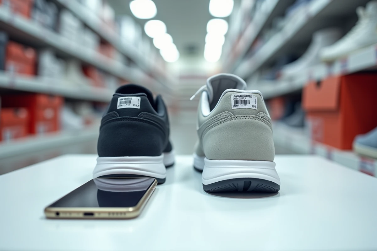 Étiquette UPC de sneakers Nike posées à plat avec un smartphone affichant le résultat d'un scan de code-barres pour authentification