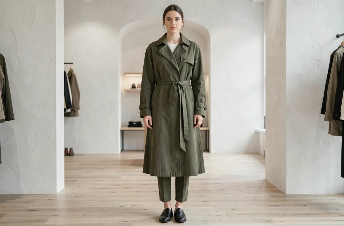 Petite femme en imperméable oversize olive monochromatique ceinturé, avec pantalon slim et mocassins pointus, dans une boutique minimaliste