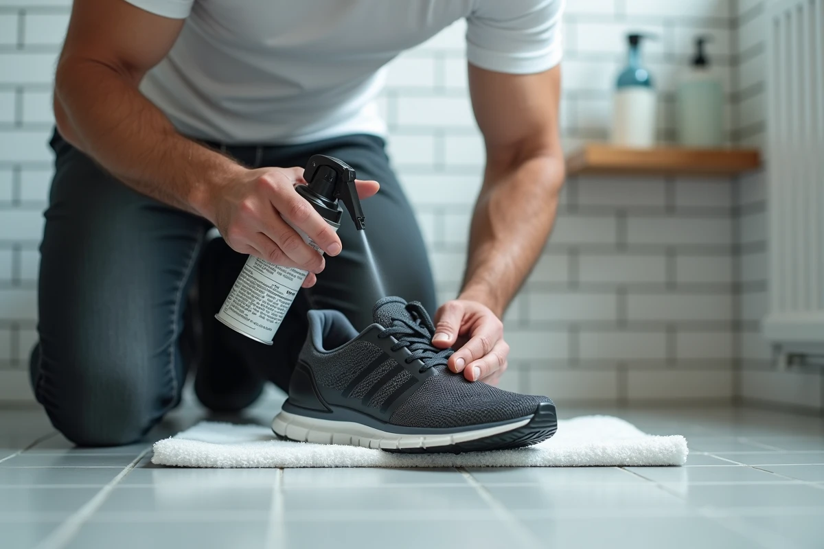 Homme appliquant un spray élargisseur sur une chaussure de running grise posée sur une serviette blanche