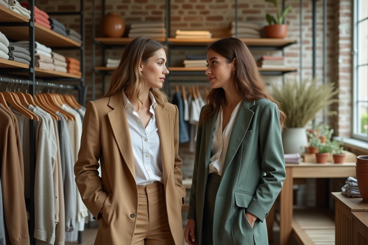 Deux femmes élégantes parcourant des vêtements vintage dans une boutique concept store parisienne, looks mode parisien avec blazers camel et lin vert sauge