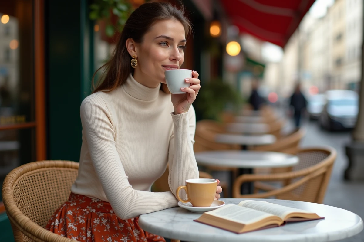 Femme parisienne élégante assise en terrasse de café avec une jupe midi fleurie terracotta et un col roulé crème, style mode parisien authentique
