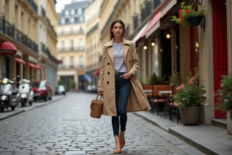 Femme en imperméable beige et marinière rayée marchant dans une rue pavée parisienne avec un panier en osier, style parisien élégant et décontracté