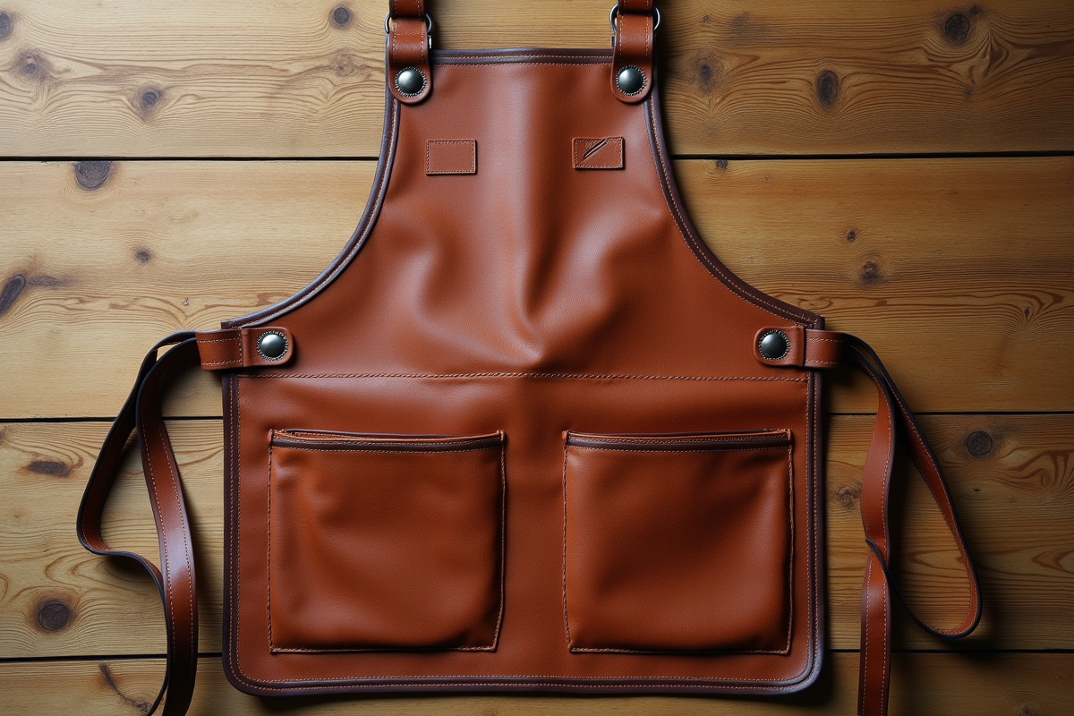 Tablier en cuir posé à plat sur une table en bois claire