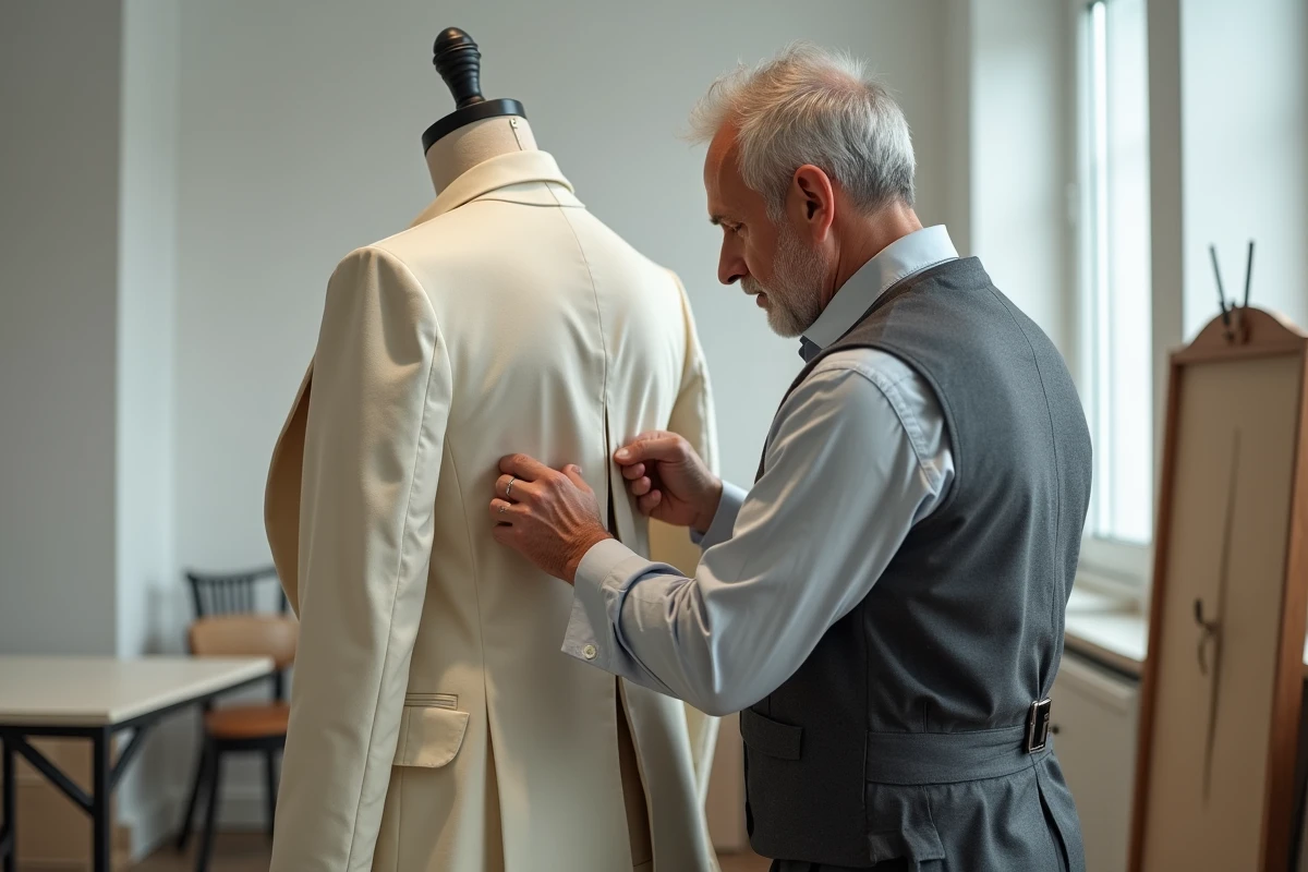 Tailleur installant une fermeture éclair invisible sur un blazer structuré dans un atelier de couture moderne à Reims