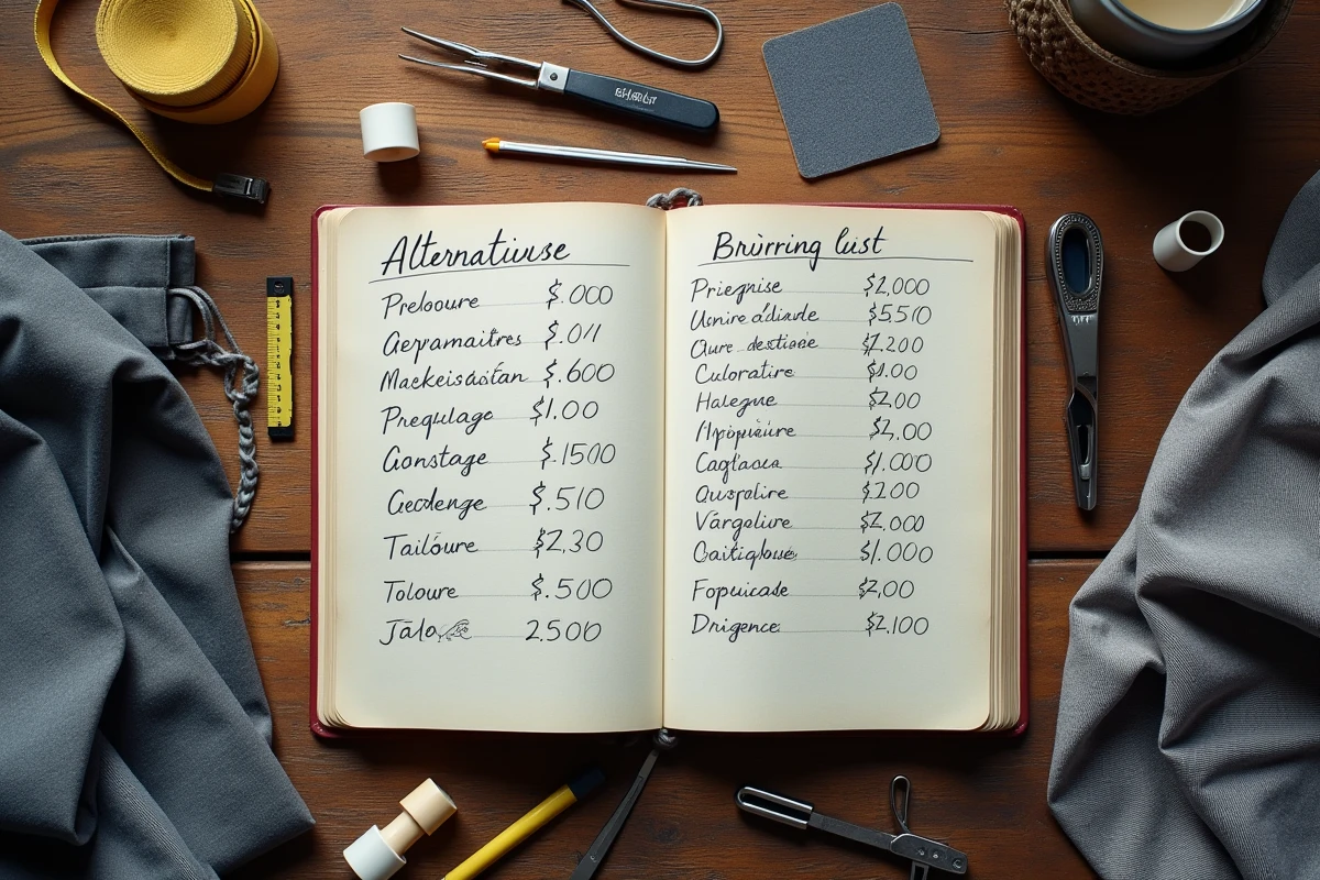 Vue de dessus d'un carnet de tarifs de retouche couture entouré d'outils de couturière sur une table en bois