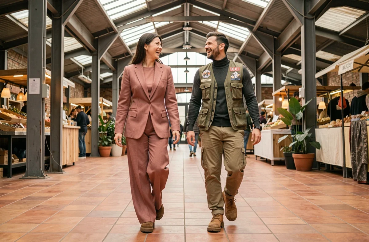 Deux amis aux tenues drip fashion coordonnées marchant dans un marché intérieur contemporain, tendances mode printemps 2026