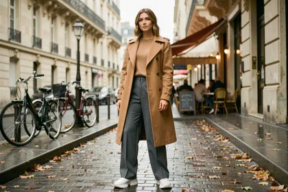 Femme élégante en manteau camel oversize et sneakers blancs sur un trottoir parisien, tendance drip fashion automne 2026