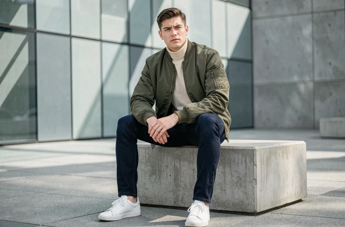 Jeune homme en bomber jacket kaki et jean indigo assis sur un banc urbain minimaliste, style drip fashion homme 2026