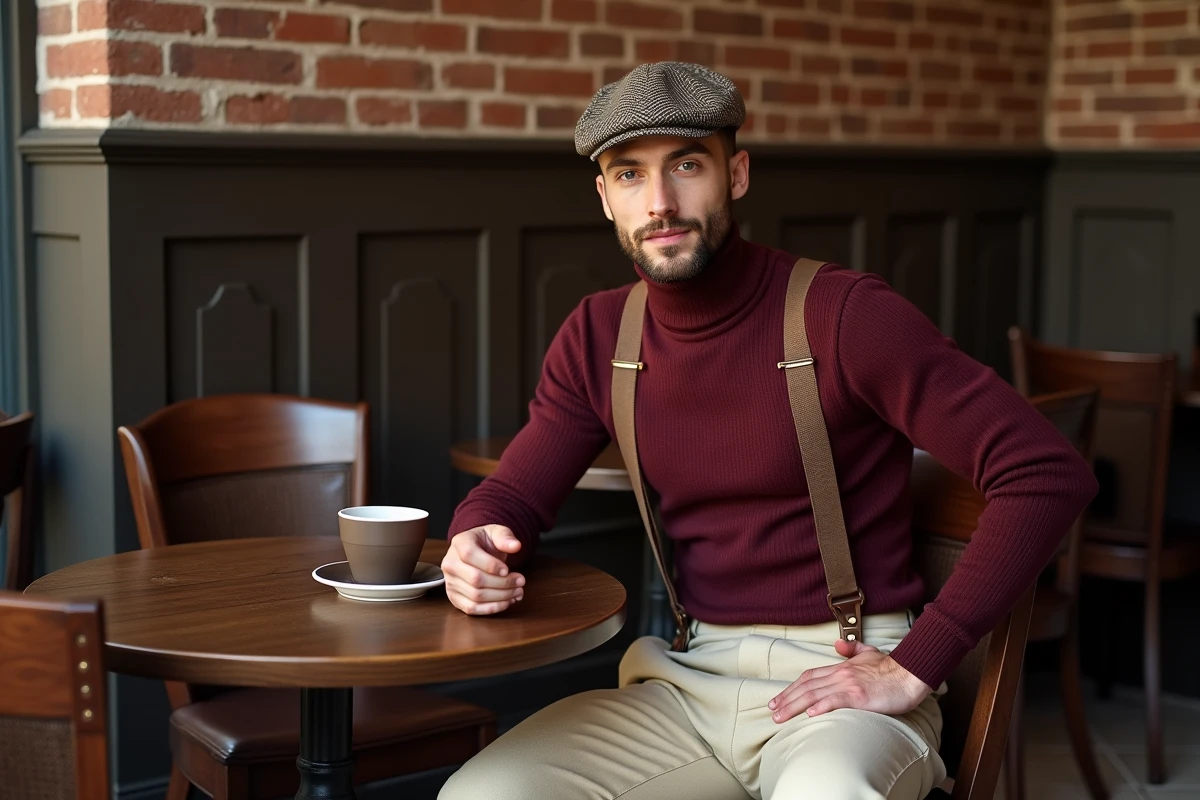 Tenue décontractée homme années 30 avec pantalon large crème, pull col roulé bordeaux et casquette plate dans un café vintage