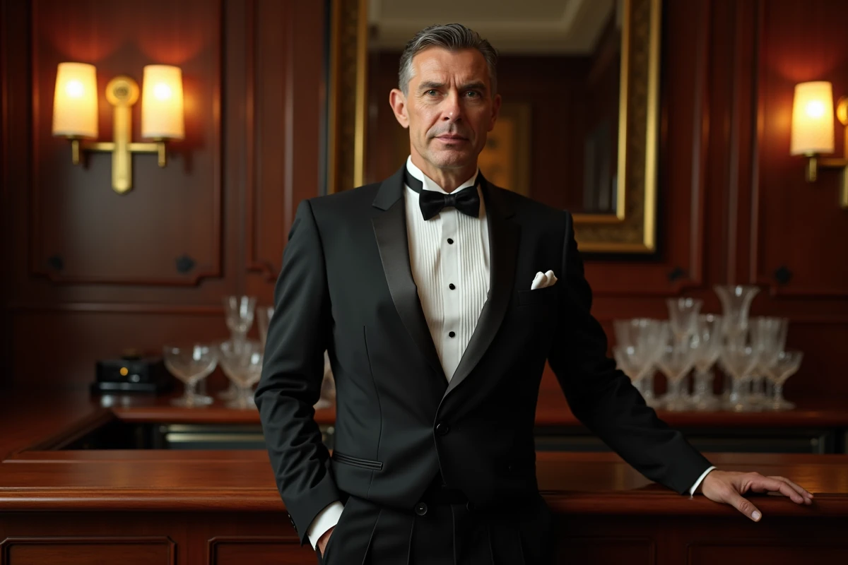 Homme en tenue de soirée années 30 avec smoking noir et nœud papillon dans un lounge Art Déco raffiné
