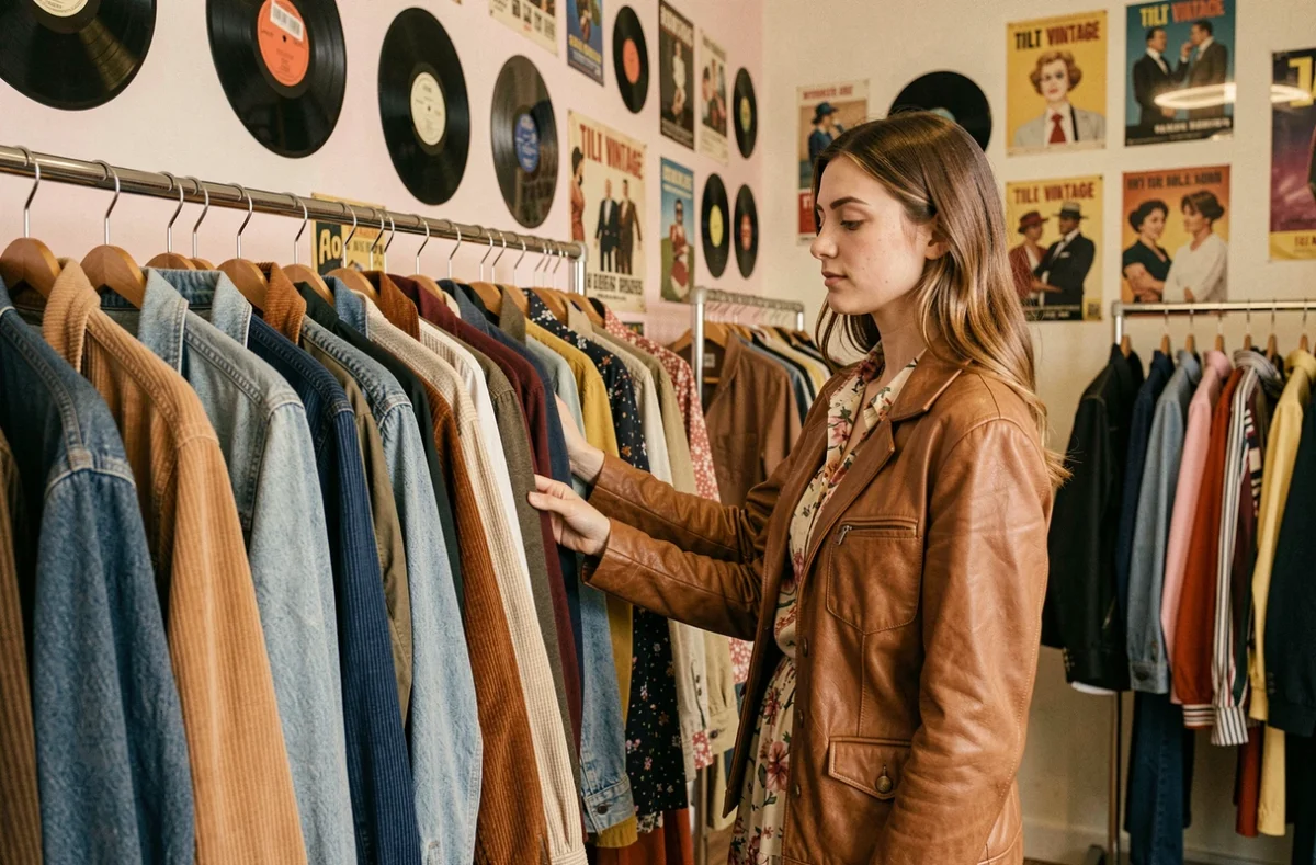 Boutique Tilt Vintage avec des vêtements rétro soigneusement rangés sur des portants chromés