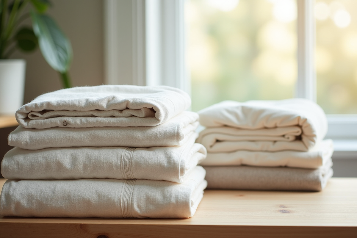 Ficelles de coton et lin bio pliées sur une table en bois